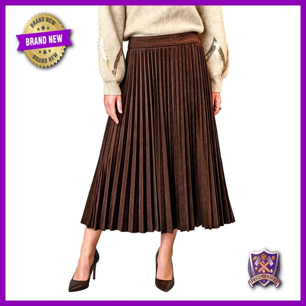 Velvet Pleated Midi Skirt High Waist A-Line Long Skirt Dressy
